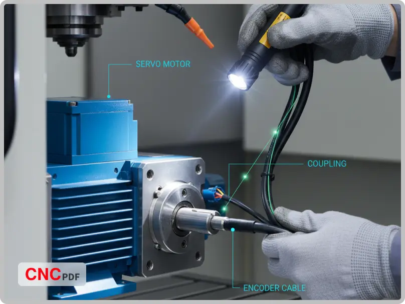 Technician inspecting servo motor and encoder cables on a Fanuc 18i-M CNC milling machine, checking for faults and ensuring proper servo operation in an industrial workshop.