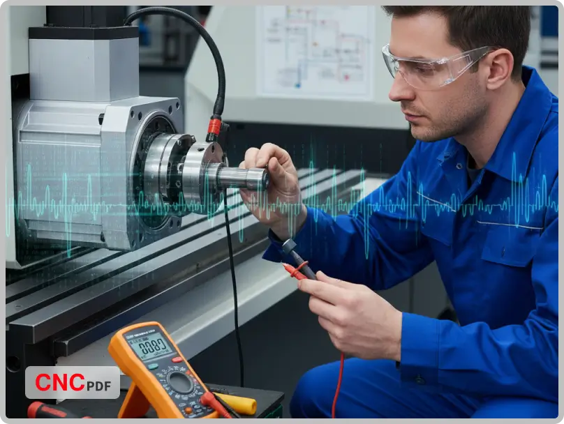 Technician checking Y-axis servo and encoder signals on a Fanuc 18i-M CNC milling machine, using a multimeter to ensure proper axis movement in an industrial workshop.