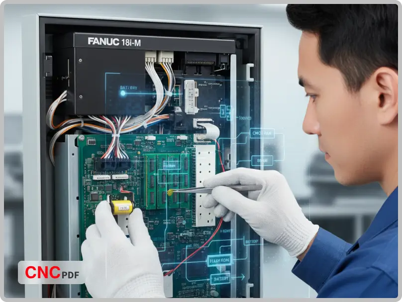 Technician replacing backup battery and inspecting RAM modules on a Fanuc 18i-M CNC control panel, ensuring memory and system stability in an industrial workshop.