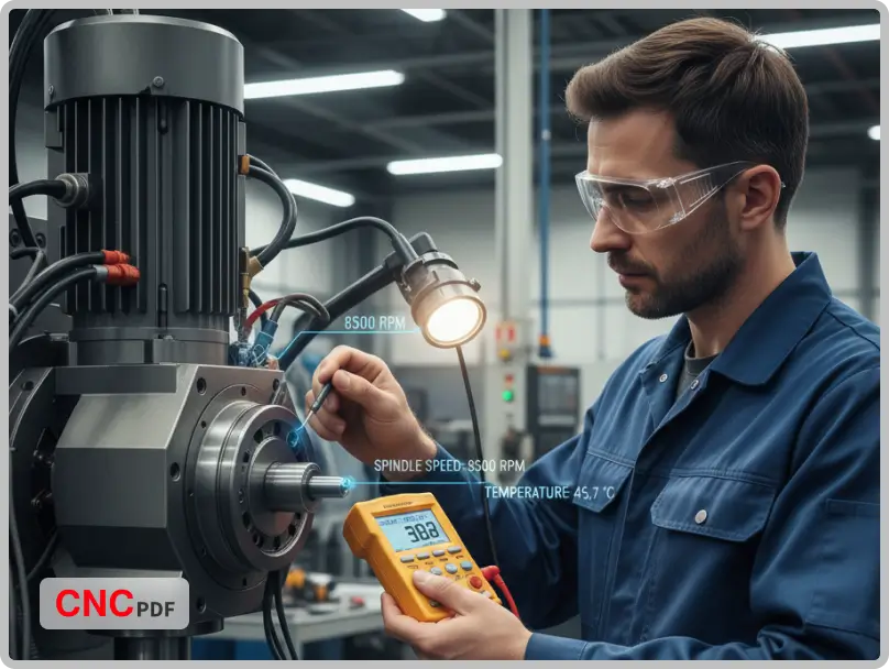 Technician inspecting the spindle motor of a Fanuc 18i-M CNC milling machine using a thermocouple and power analyzer, monitoring spindle speed and temperature in an industrial workshop.