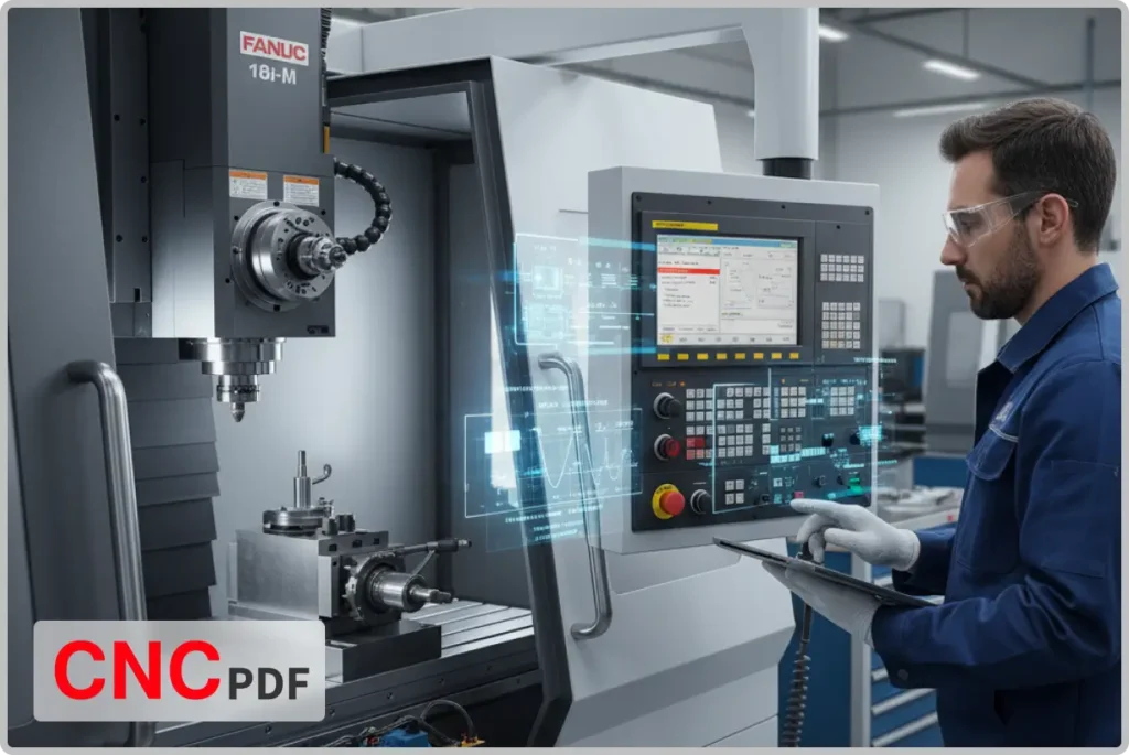 High-quality image of a technician inspecting Fanuc 18i-M CNC control panel on a milling machine, showing servo and spindle troubleshooting in an industrial workshop