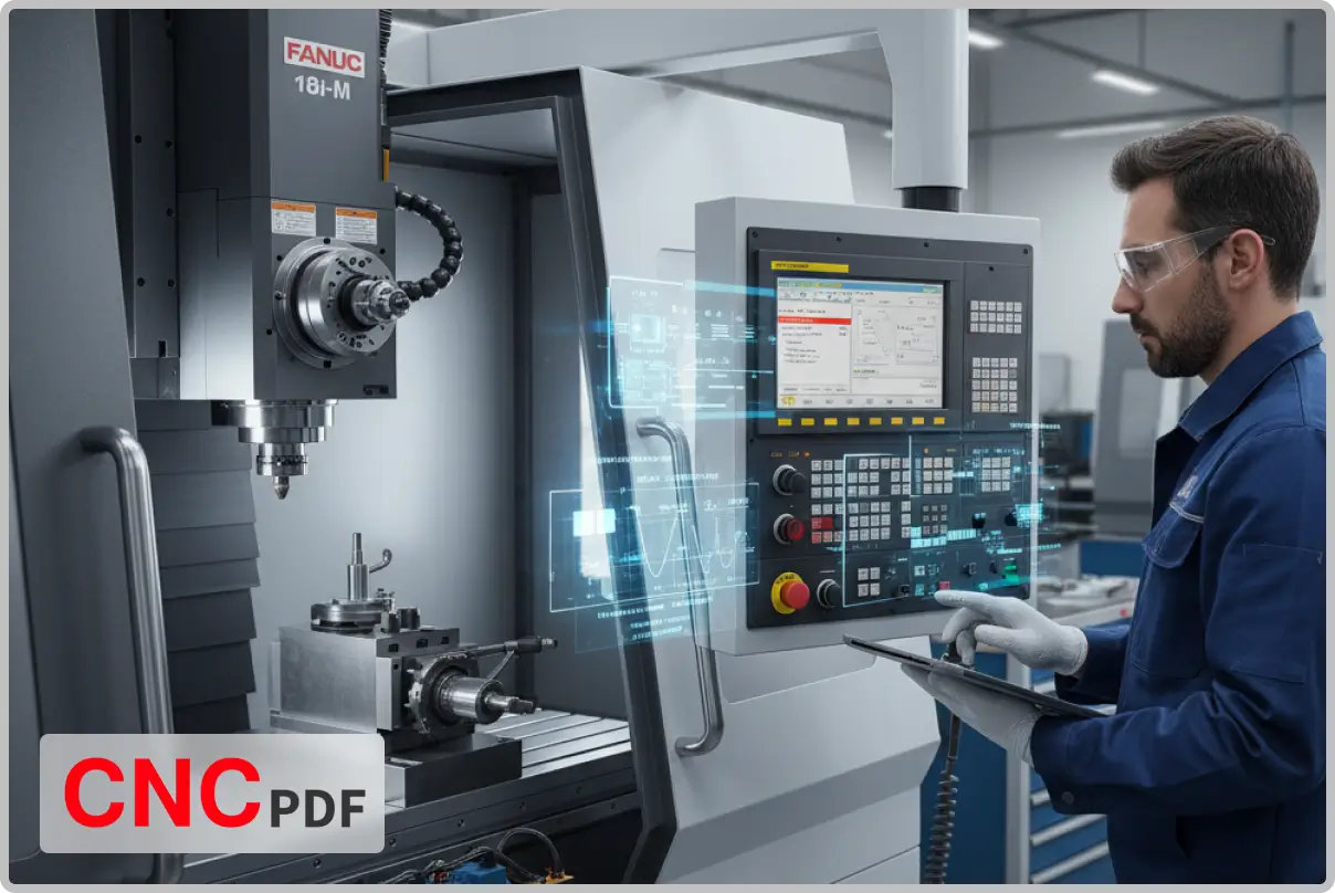 High-quality image of a technician inspecting Fanuc 18i-M CNC control panel on a milling machine, showing servo and spindle troubleshooting in an industrial workshop