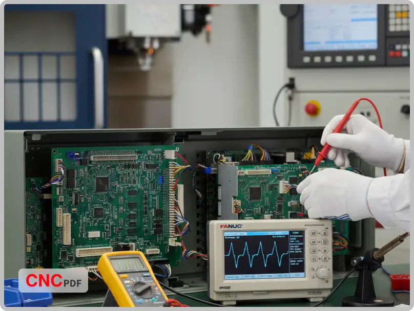 Technician checking UPS and power stabilizer while performing preventive maintenance on a Fanuc 18i-M CNC milling machine, with clean and lubricated components in an industrial workshop.
